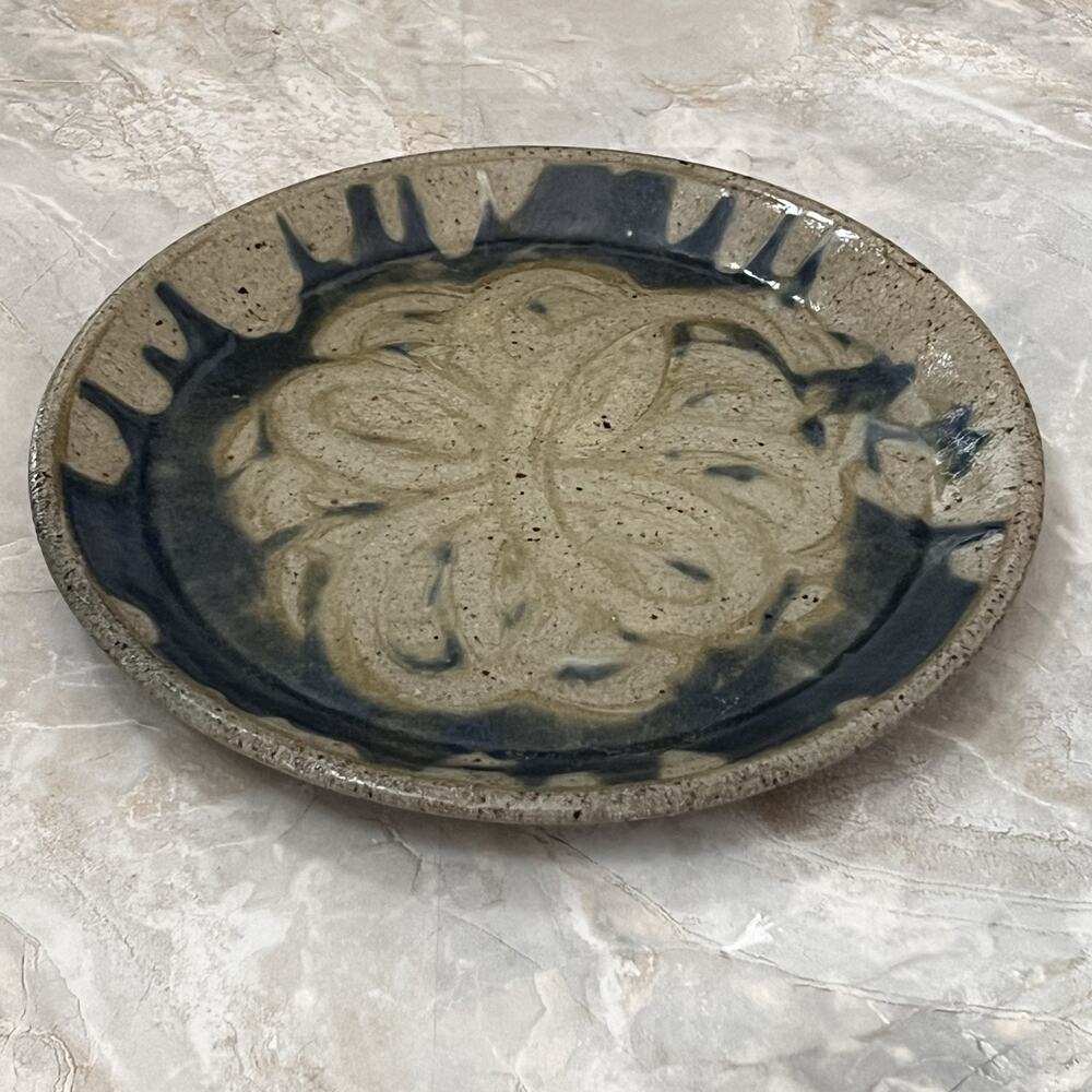 Studio Art Pottery Decorative Plate 8.5" Hand-Painted Floral Taupe Blue Design